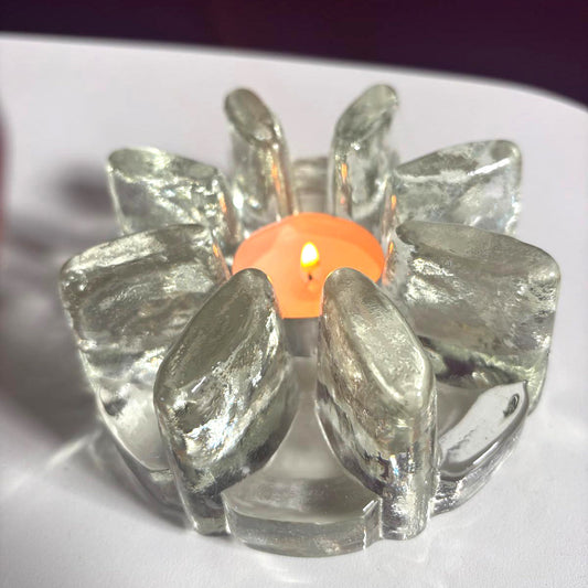 Brutalist Glass Tealight Holder & Pot Warmer | Ice Glass | ca. 1970–1980 Atelier Aeris