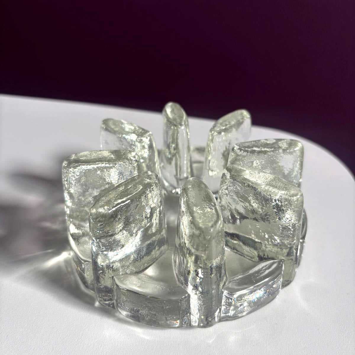 Brutalist Glass Tealight Holder & Pot Warmer | Ice Glass | ca. 1970–1980 Atelier Aeris