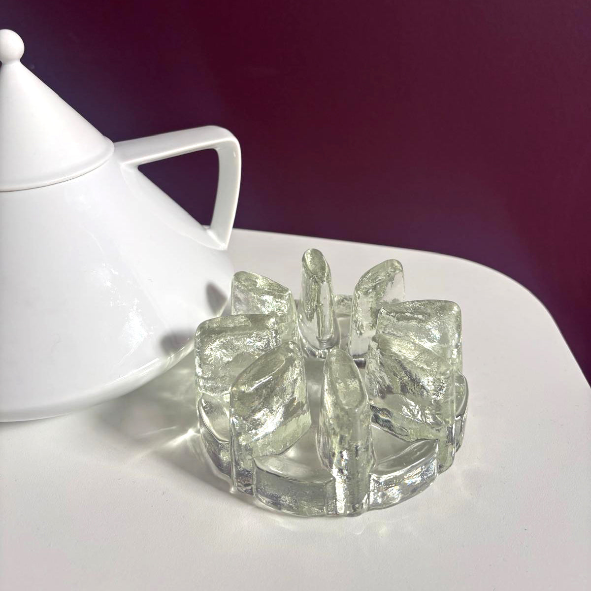 Brutalist Glass Tealight Holder & Pot Warmer | Ice Glass | ca. 1970–1980