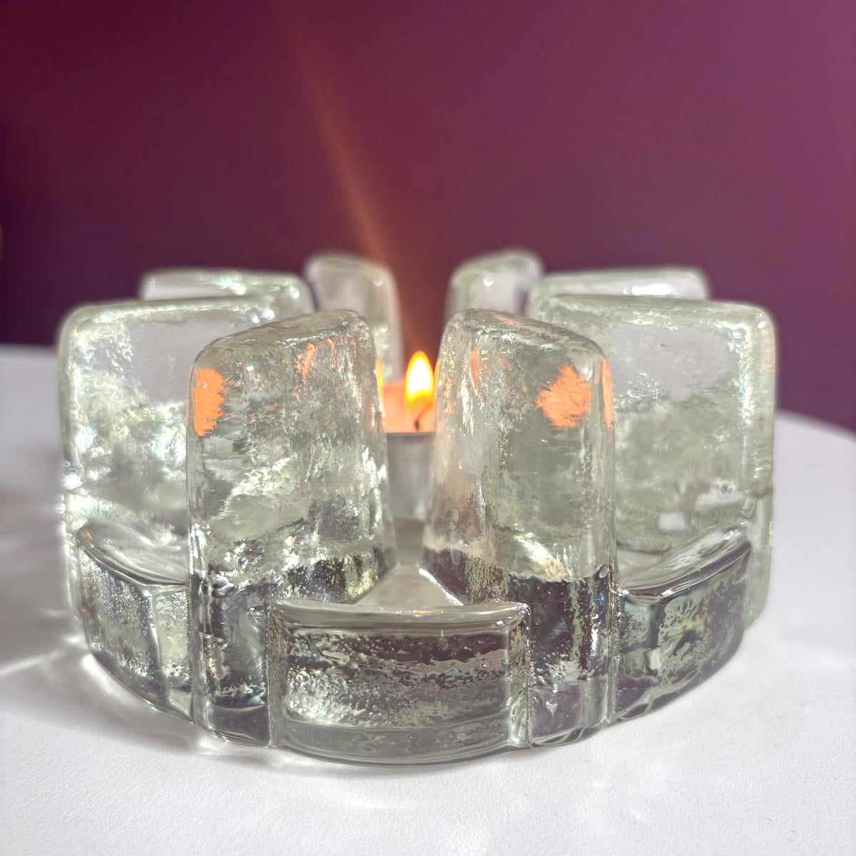 Brutalist Glass Tealight Holder & Pot Warmer | Ice Glass | ca. 1970–1980